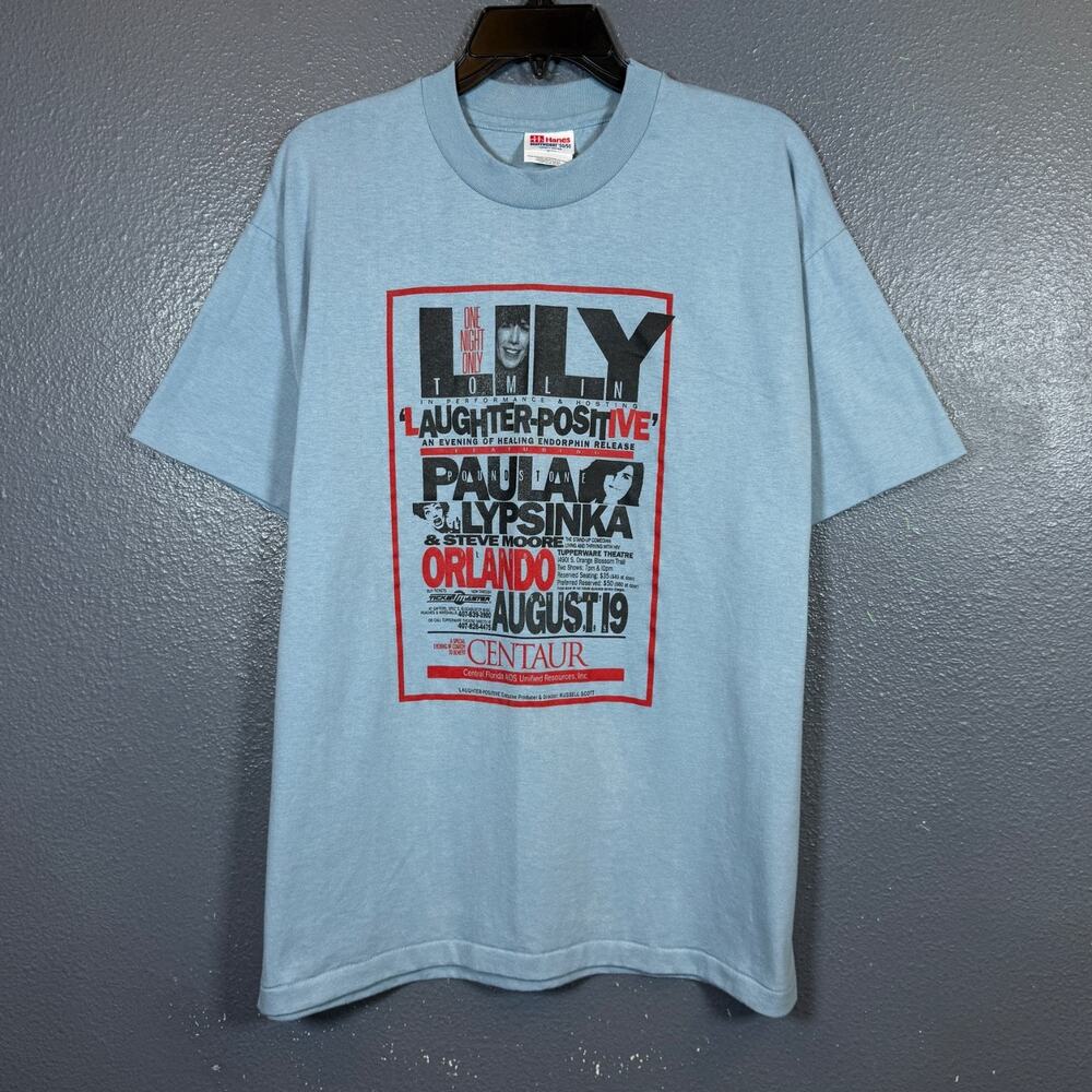 Hanes L men’s blue Lily Tomlin promo stand-up “Laughter-positive” 1995 vintage